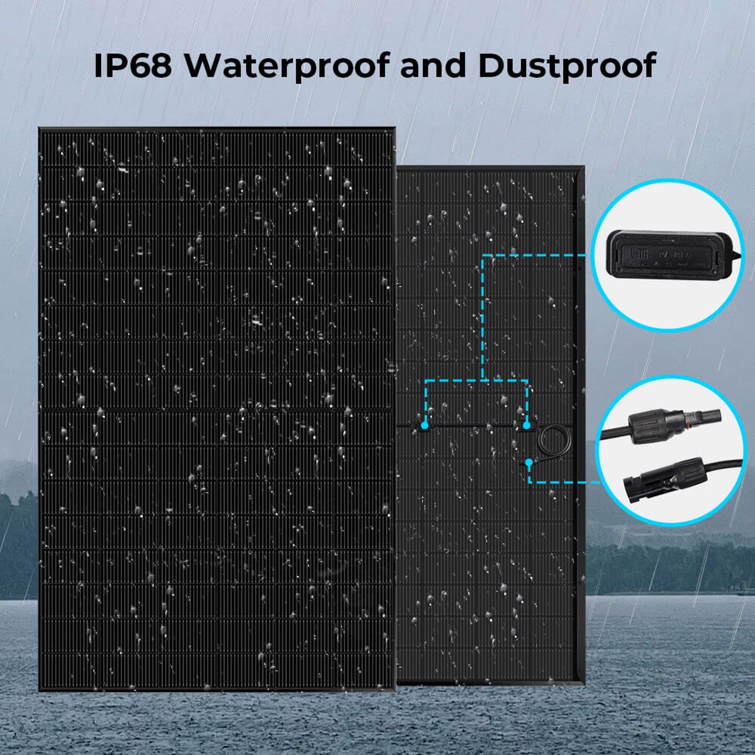 Black 450W bifacial panels in rain with IP68 junction box and connector call-outs
