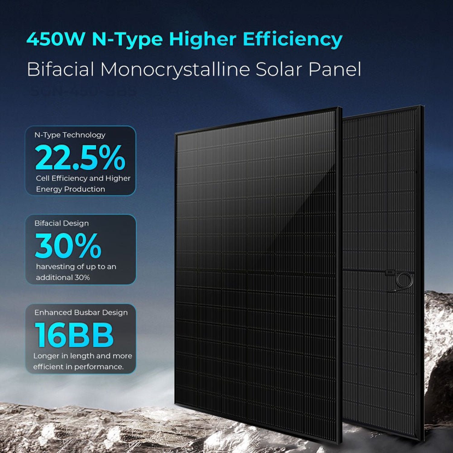 Black 450W N-type bifacial monocrystalline panel front and back with 30 percent rear gain and 16BB callouts