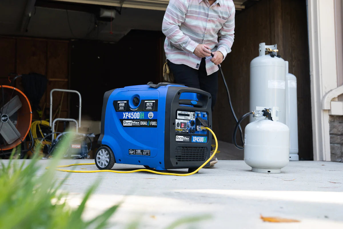 DuroMax XP4500iH Generator Outside a Garage Powered By Propane