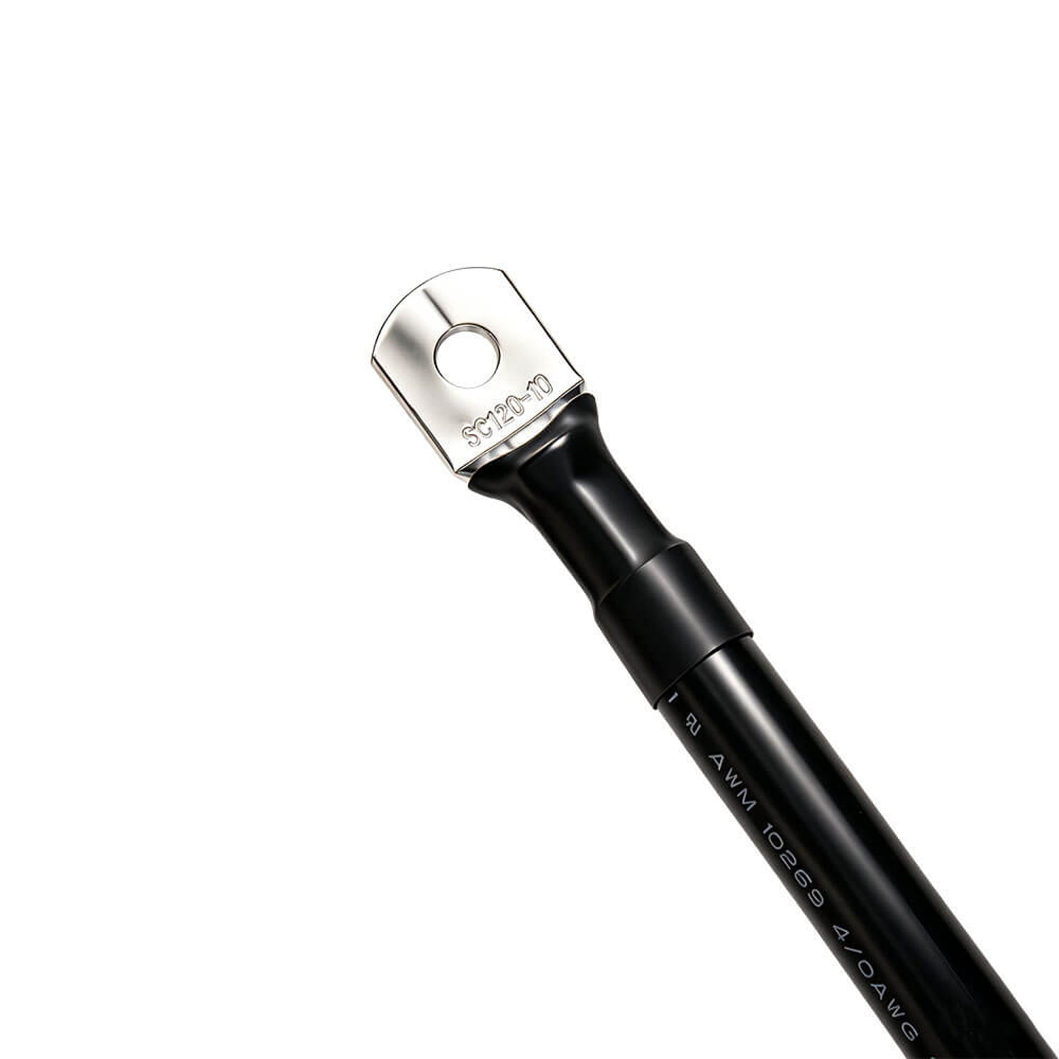 Close-up of a ring terminal lug and black heat-shrink on the 4/0 AWG cable