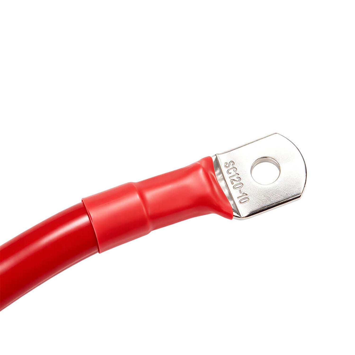 Close-up of a ring terminal lug and red heat-shrink on the 4/0 AWG cable