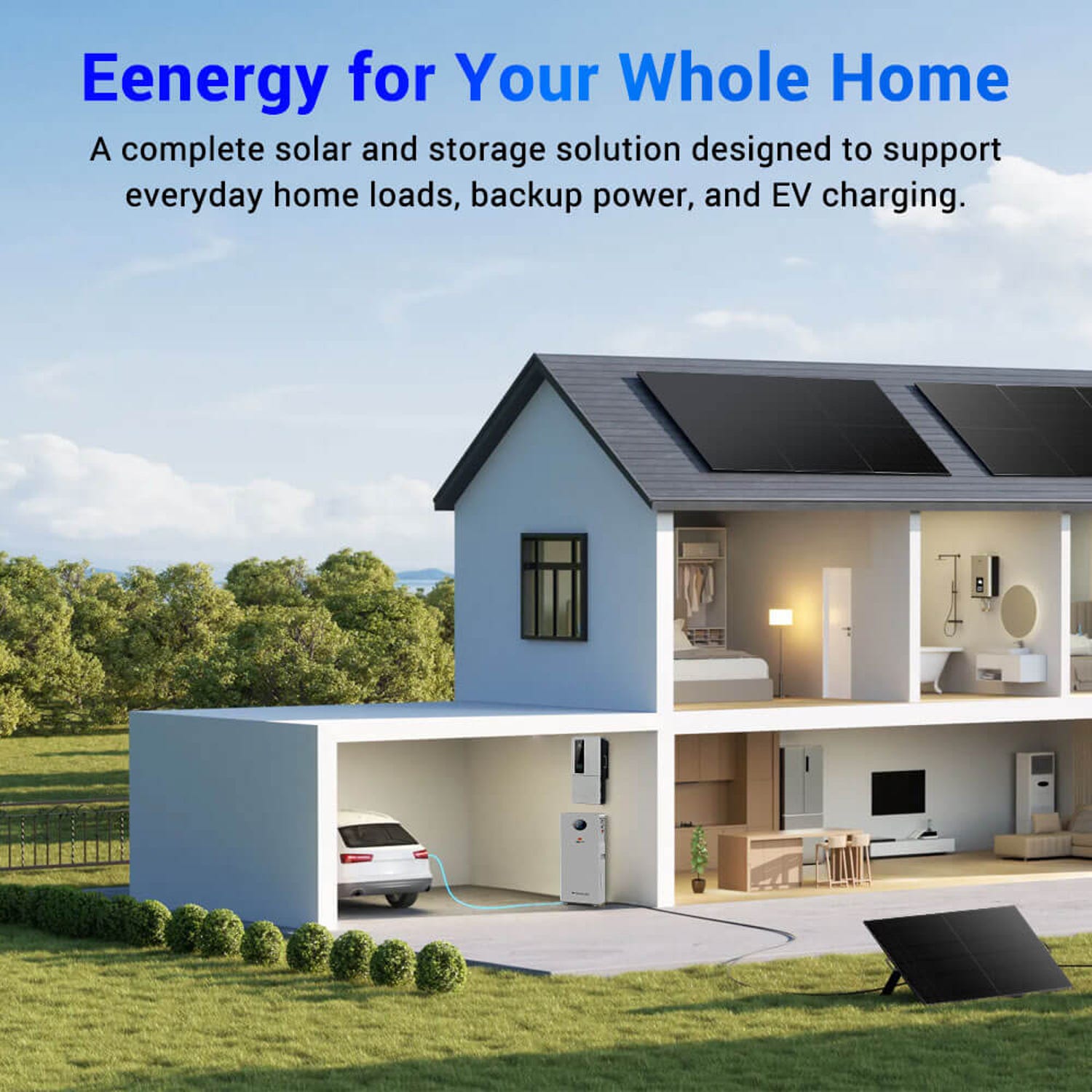 Cutaway home with rooftop solar, garage-mounted inverter and battery and an electric car charging
