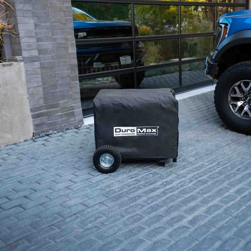 DuroMax Large Weather Resistant Portable Generator Cover Outside On A Driveway