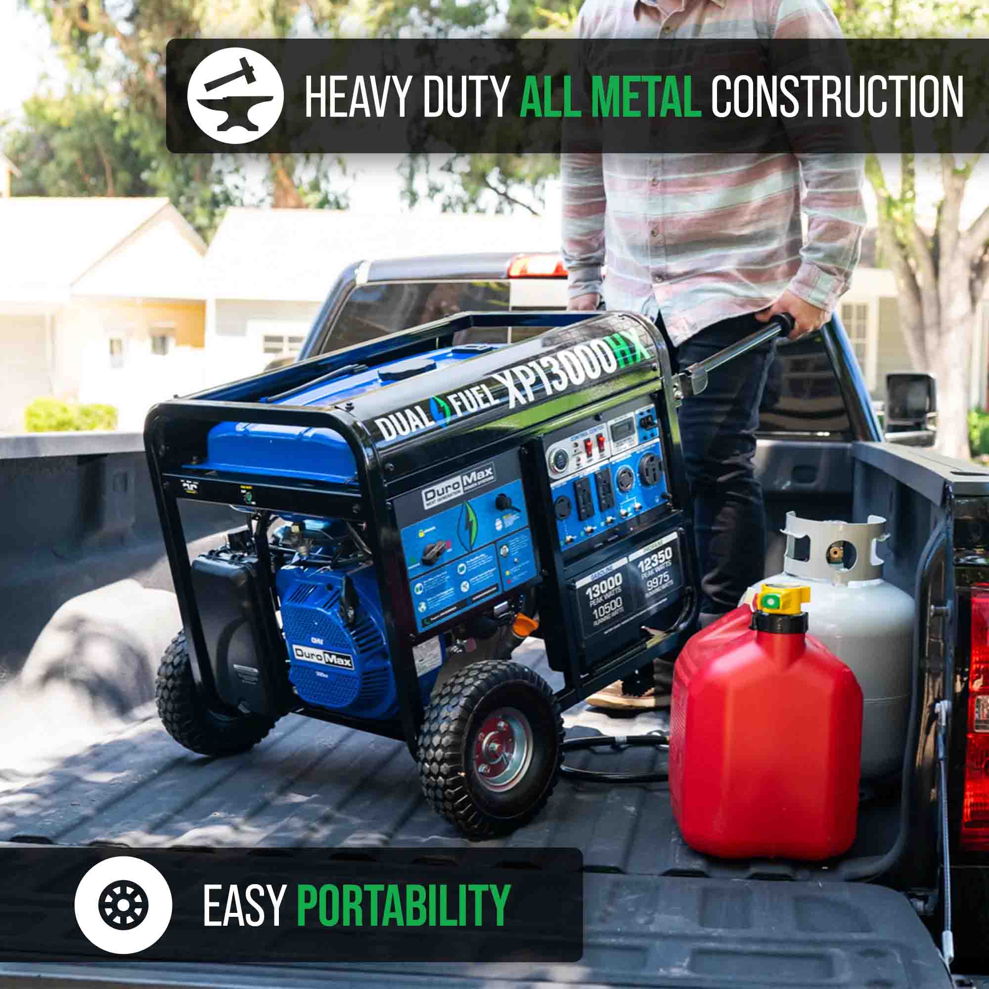 The DuroMax XP13000HX Dual Fuel Portable Generator Has A Heavy-Duty All-Metal Construction & Easy Portability