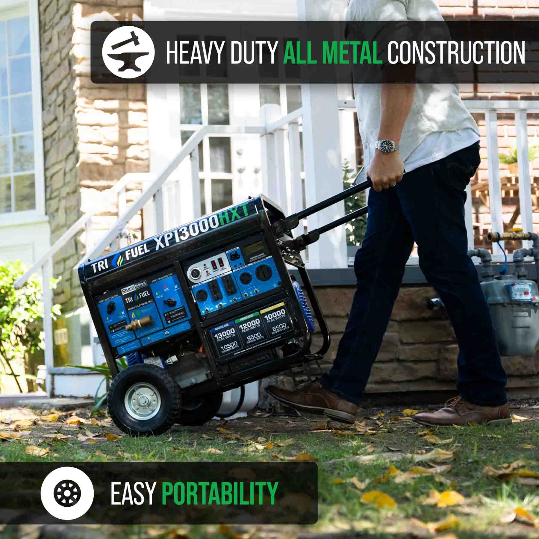 The DuroMax XP13000HXT Tri-Fuel Portable HXT Generator Has A Heavy Duty All-Metal Construction And Has Easy Portability