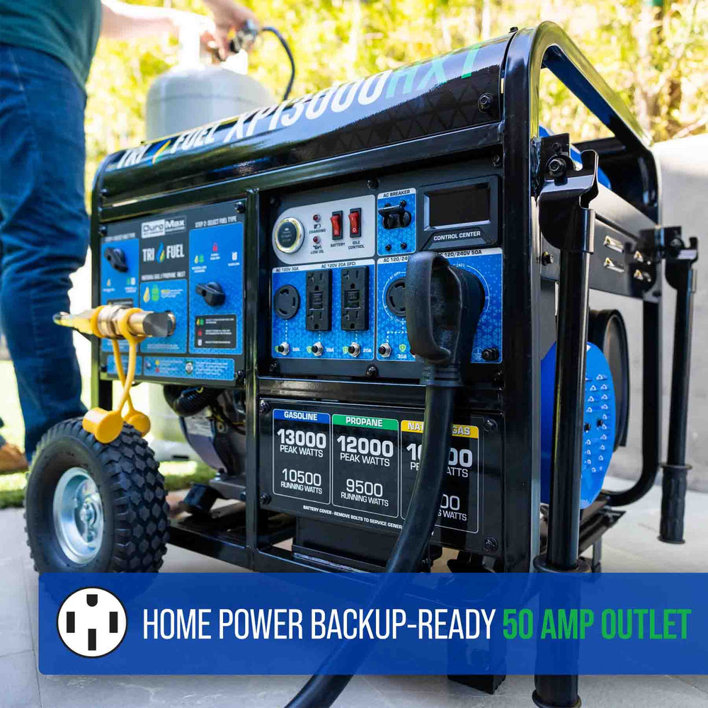 The DuroMax XP13000HXT Tri-Fuel Portable HXT Generator Has A 50 Amp Outlet