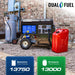 DuroMax XP13750HX beside a home, rated 13,750 gasoline and 13,000 propane peak watts