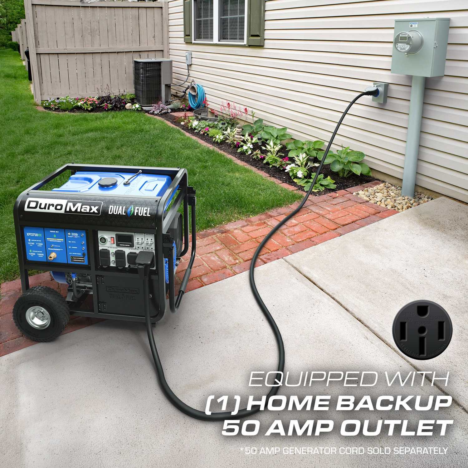 DuroMax XP13750HX connected to a home through its 50 amp home backup outlet
