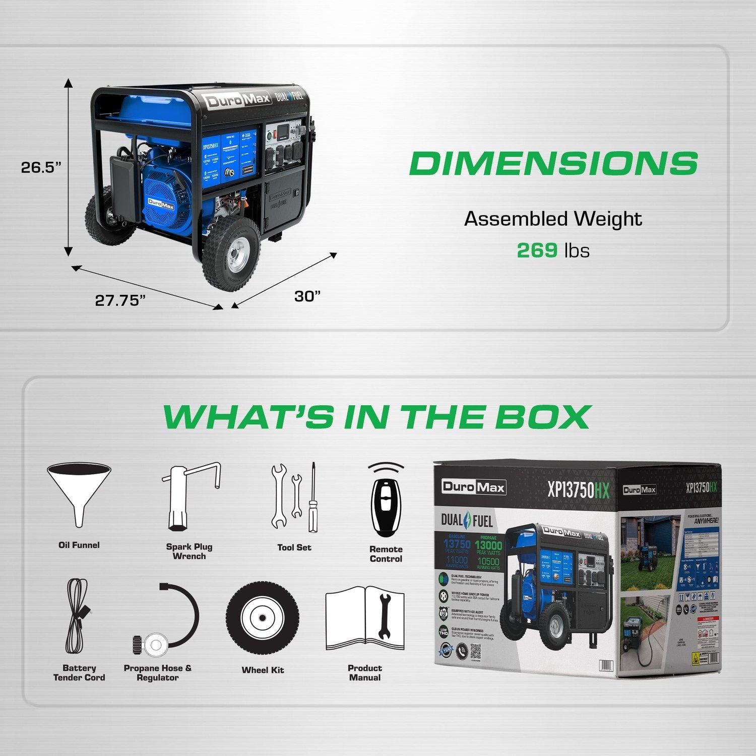 DuroMax XP13750HX dimensions and what's in the box