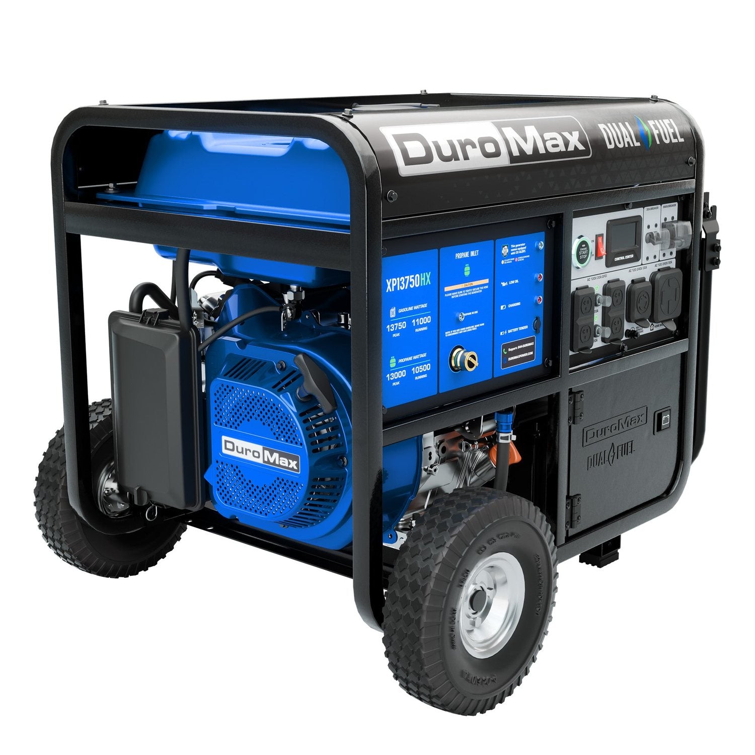 DuroMax XP13750HX dual fuel generator front three-quarter view