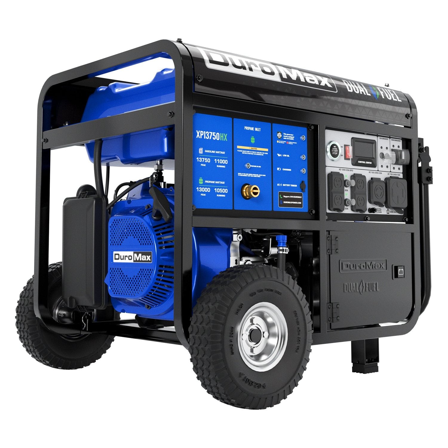 DuroMax XP13750HX dual fuel portable generator with CO Alert, power panel and wheel kit