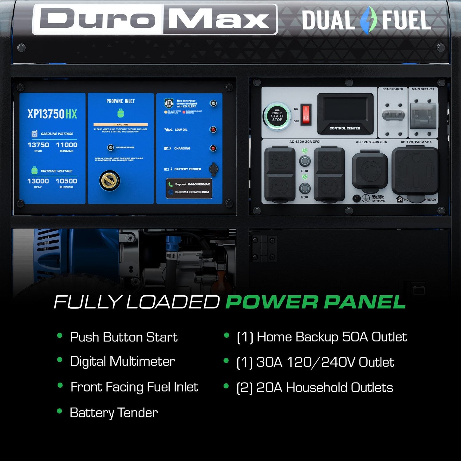 DuroMax XP13750HX power panel with push button start, digital multimeter, 50A home backup outlet, 30A 120/240V outlet and 20A GFCI outlets