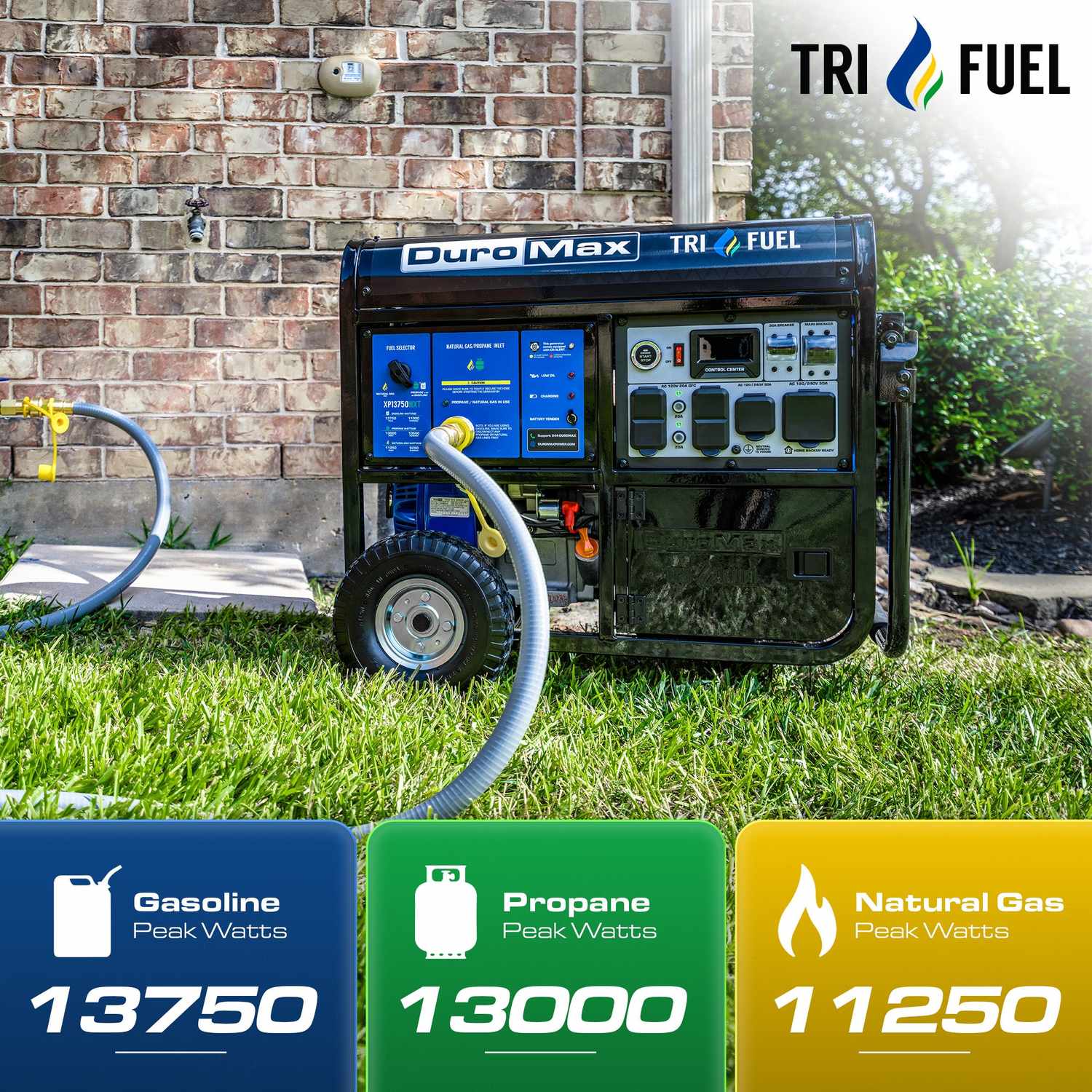 DuroMax XP13750HXT on a natural gas line, rated 13,750 gasoline, 13,000 propane and 11,250 natural gas peak watts