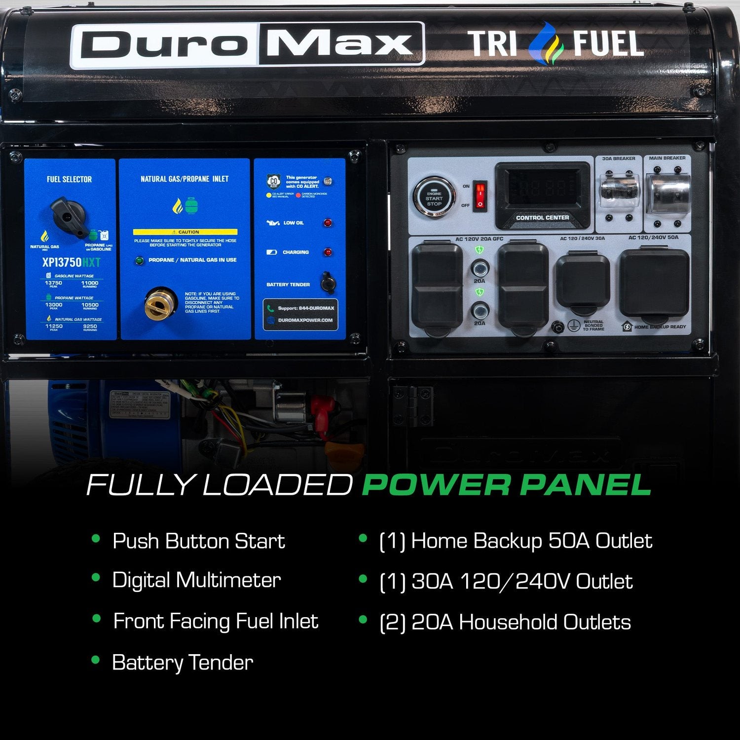 DuroMax XP13750HXT power panel with push button start, digital multimeter, 50A home backup outlet, 30A 120/240V outlet and 20A GFCI outlets