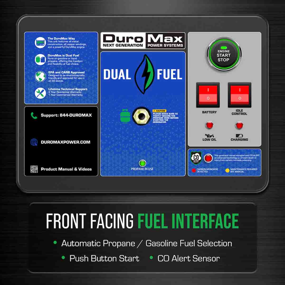 DuroMax XP15000HX Dual Fuel Portable Generator Front-Facing Fuel Interface