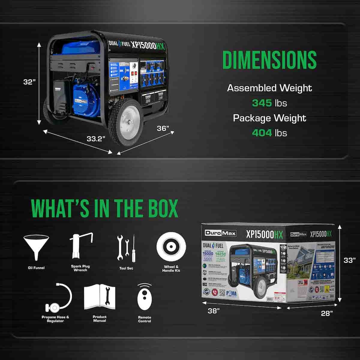DuroMax XP15000HX - What's In The Box and Dimensions