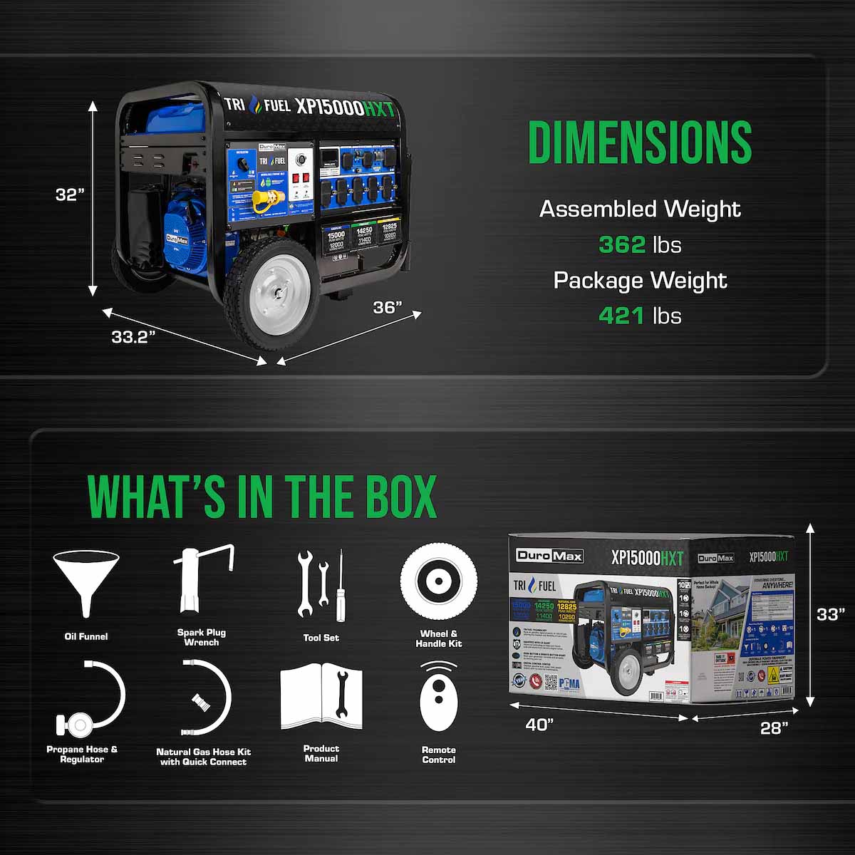 DuroMax XP15000HXT Dimensions And What's In The BoxDuroMax XP15000HXT Dimensions And What's In The Box