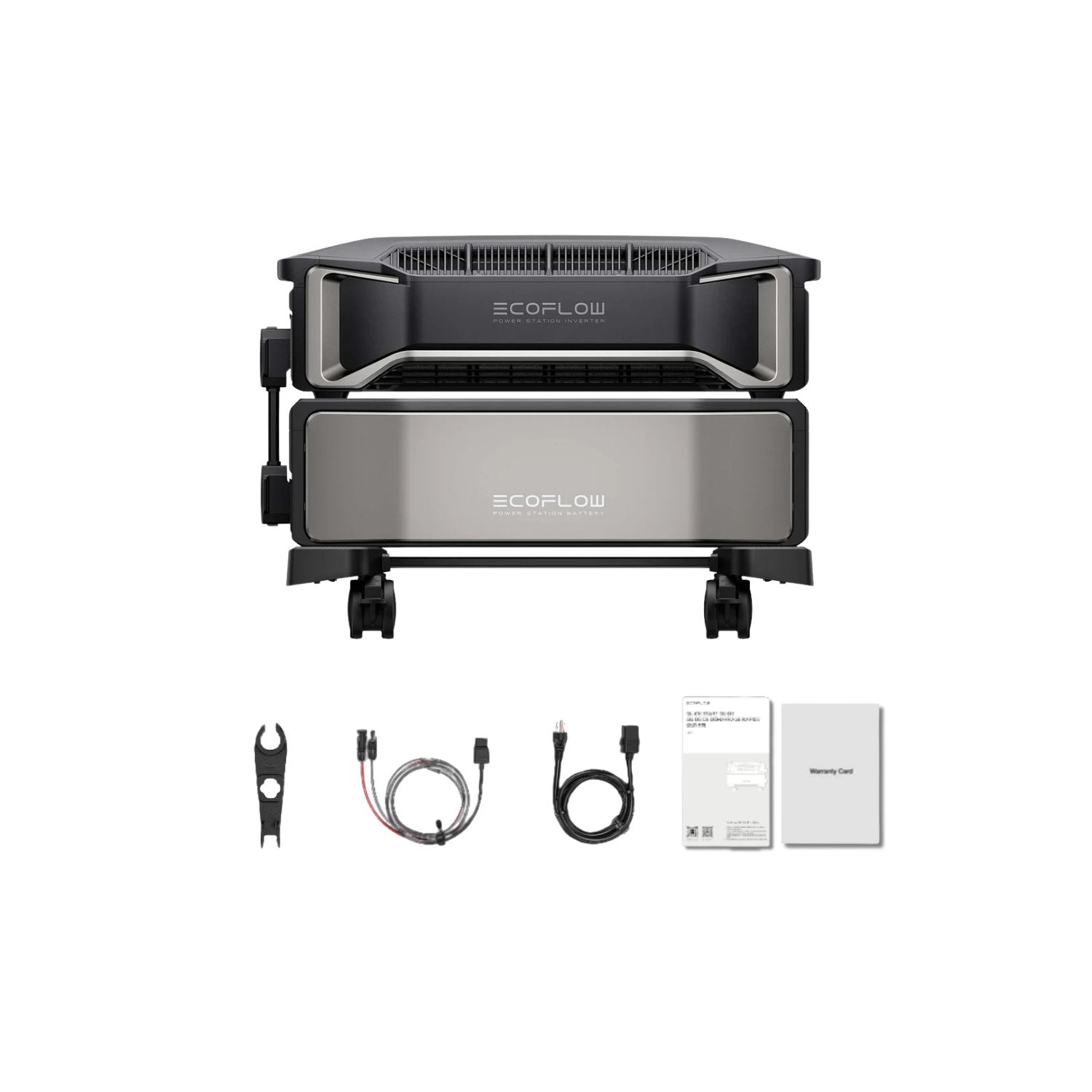 EcoFlow DELTA Pro Ultra inverter and battery stacked on wheels with included cables and accessories