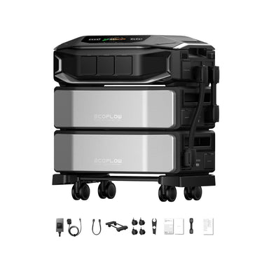 EcoFlow DELTA Pro Ultra X inverter and two batteries on wheels with included cables and accessories