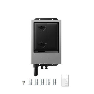 EcoFlow FlowMaster Generator Rectifier front view with PV1 and PV2 generator switches, mounting screws, wall anchors and user manual