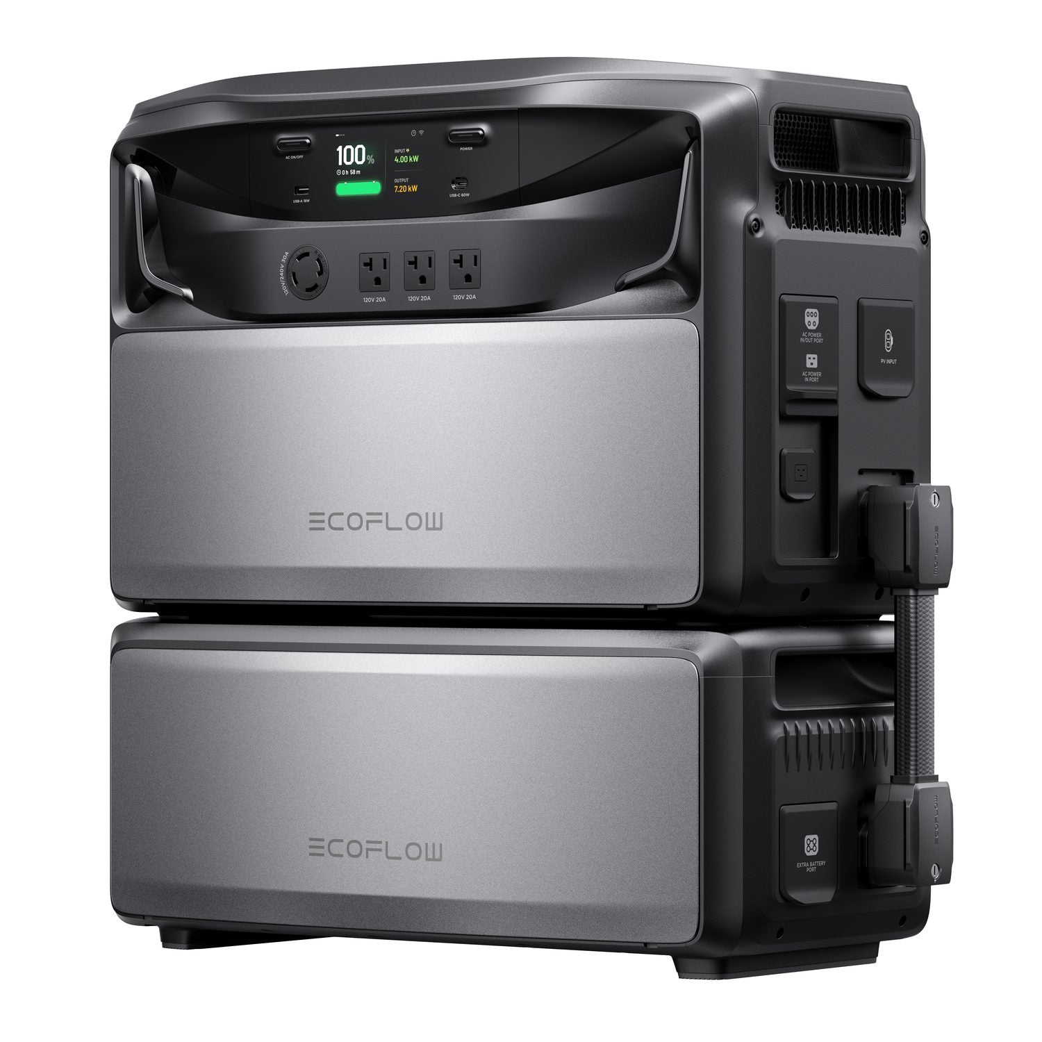 EcoFlow TITAN 5000 and TITAN Battery 5kWh joined by a battery cable on their side ports
