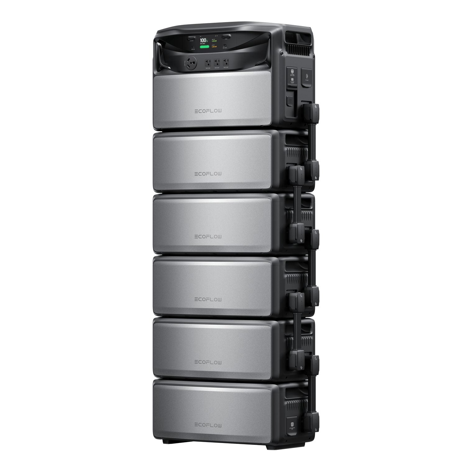 EcoFlow TITAN 5000 Classic and five TITAN Battery 5kWh packs linked by battery cables on their side ports