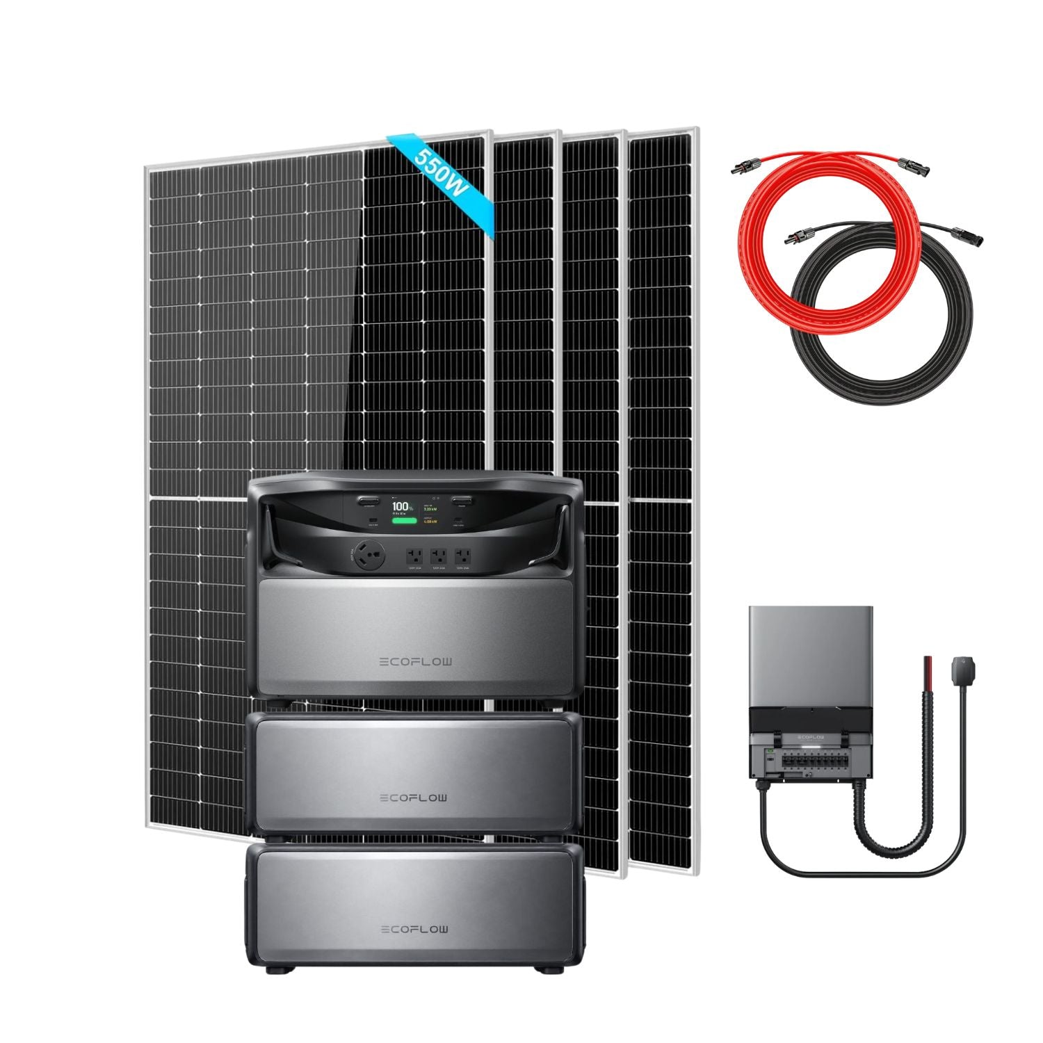 EcoFlow TITAN 5000 Classic Whole-Home Battery Backup with 3 batteries, a Smart Home Panel 10 (120V), four SunGold 550W Solar Panels and a Rich Solar 50 ft Cable Set