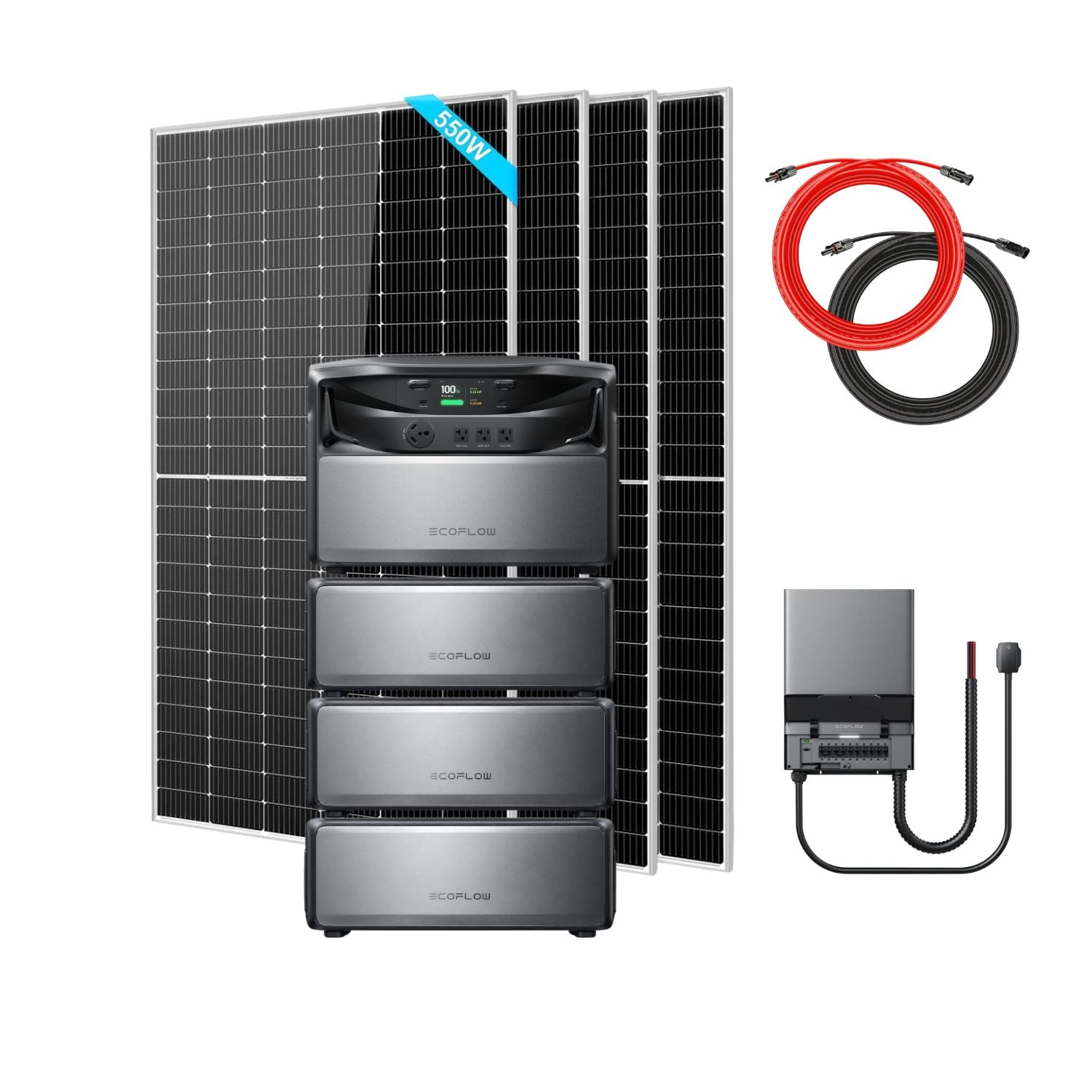 EcoFlow TITAN 5000 Classic Whole-Home Battery Backup with 4 batteries, a Smart Home Panel 10 (120V), four SunGold 550W Solar Panels and a Rich Solar 50 ft Cable Set