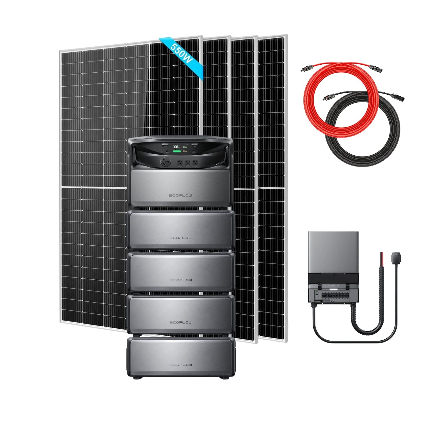 EcoFlow TITAN 5000 Classic Whole-Home Battery Backup with 5 batteries, a Smart Home Panel 10 (120V), four SunGold 550W Solar Panels and a Rich Solar 50 ft Cable Set