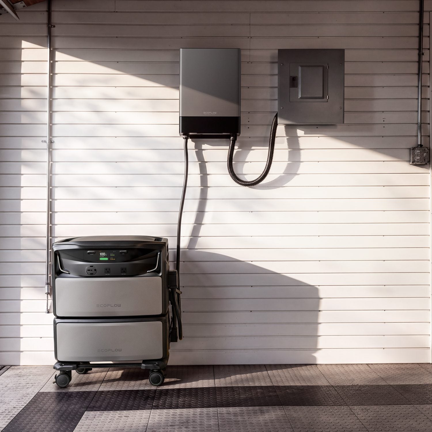 EcoFlow TITAN battery stack in a garage below a wall-mounted Smart Home Panel 10 and breaker panel