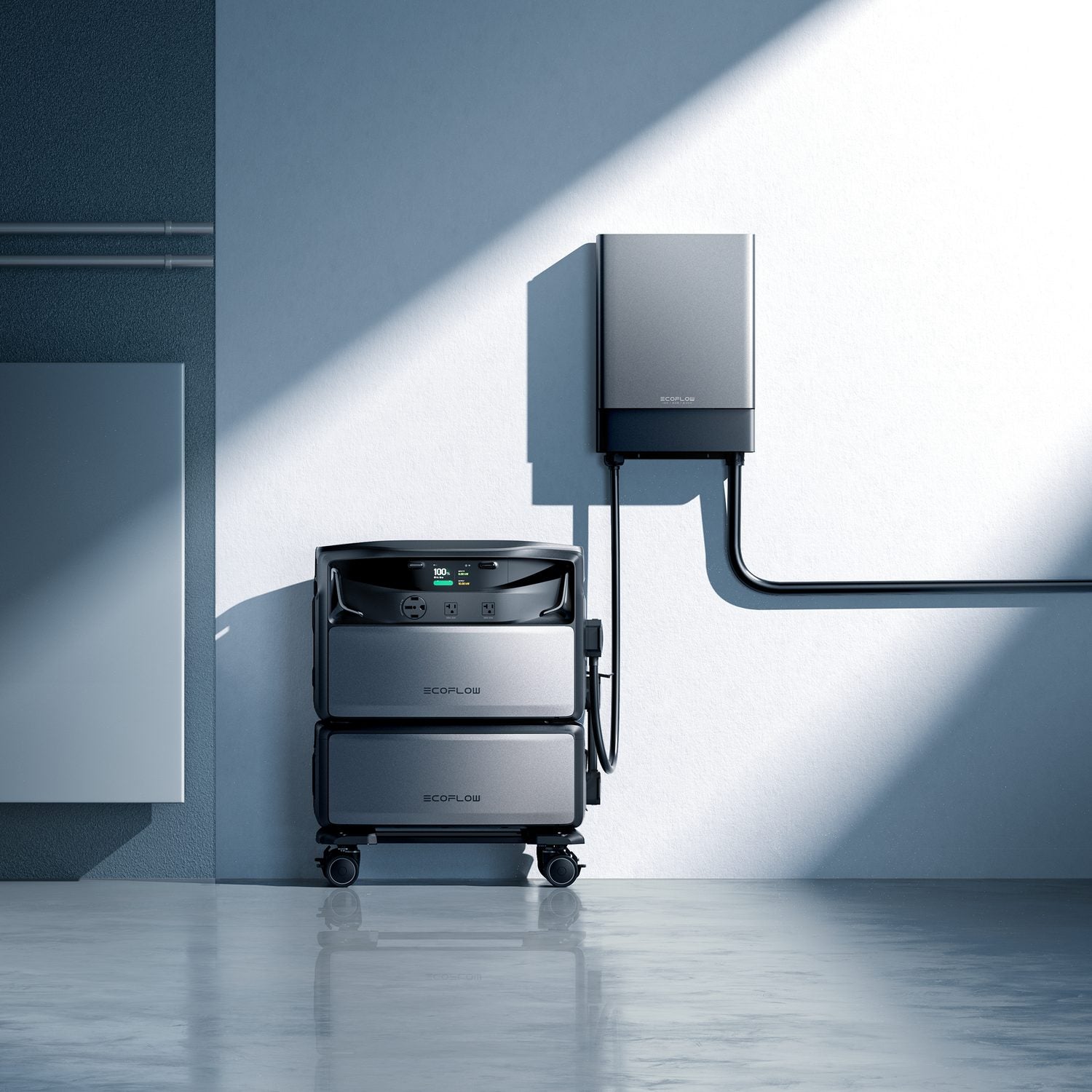 EcoFlow TITAN battery stack on a wheeled base below a wall-mounted Smart Home Panel 10