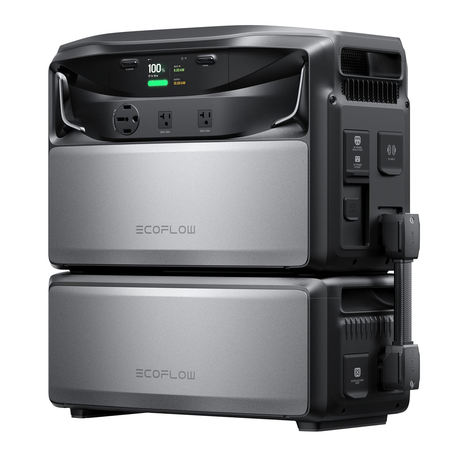 EcoFlow TITAN 5000 Plus and TITAN Battery 5kWh joined by a battery cable on their side ports