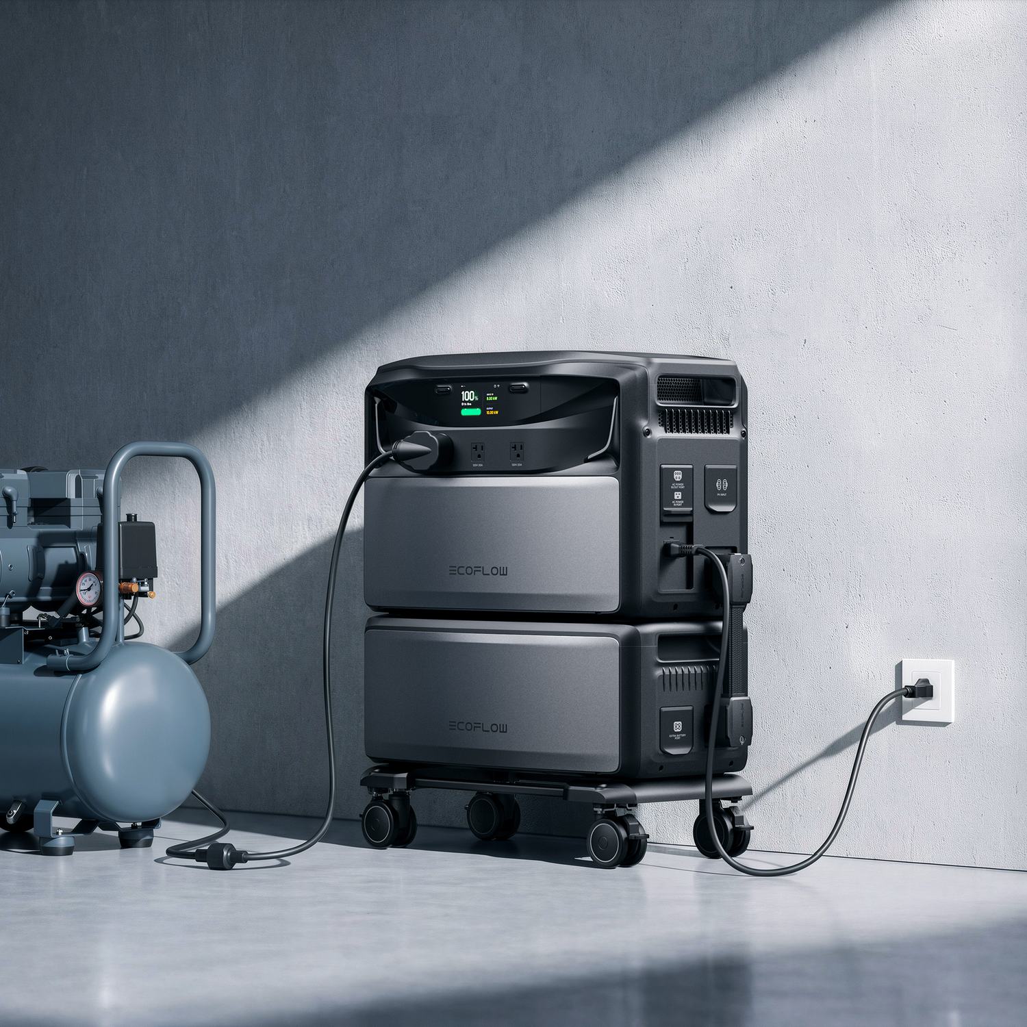 EcoFlow TITAN 5000 Plus on its wheeled base with an air compressor plugged into the front panel