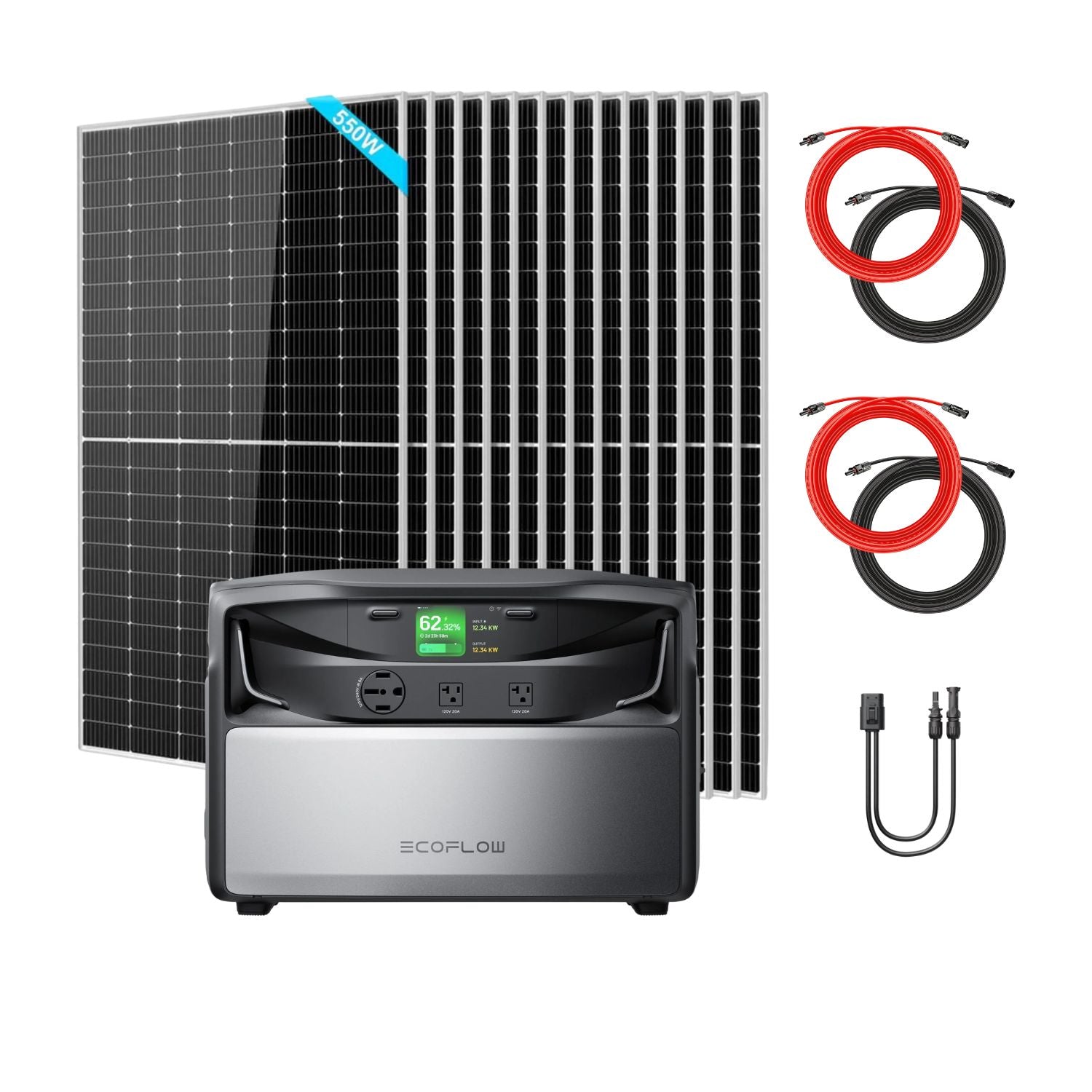 EcoFlow TITAN 5000 Plus Whole-Home Battery Backup with 1 battery, fourteen SunGold 550W Solar Panels, two Rich Solar 50 ft Cable Sets and a second Solar To HP500 Charging Cable