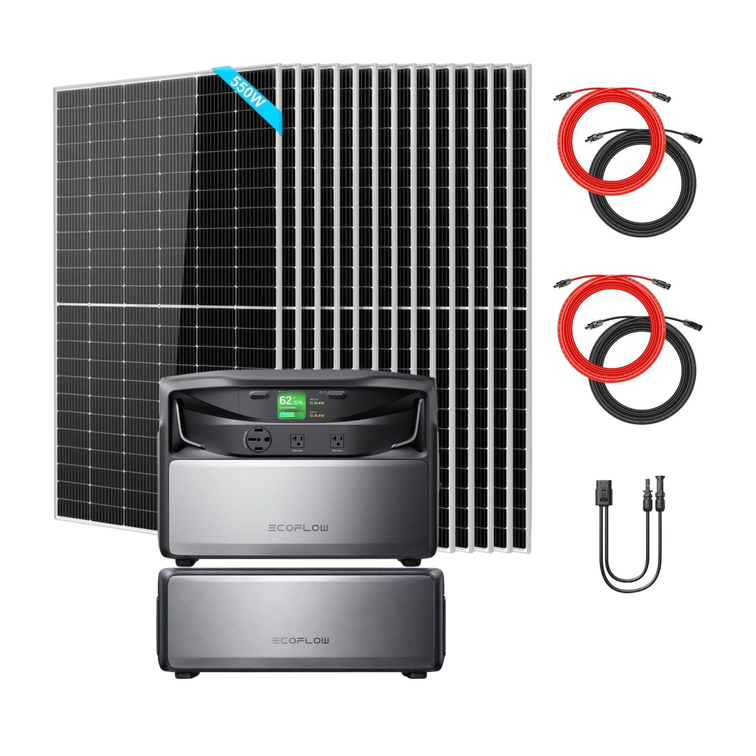 EcoFlow TITAN 5000 Plus Whole-Home Battery Backup with 2 batteries, fourteen SunGold 550W Solar Panels, two Rich Solar 50 ft Cable Sets and a second Solar To HP500 Charging Cable
