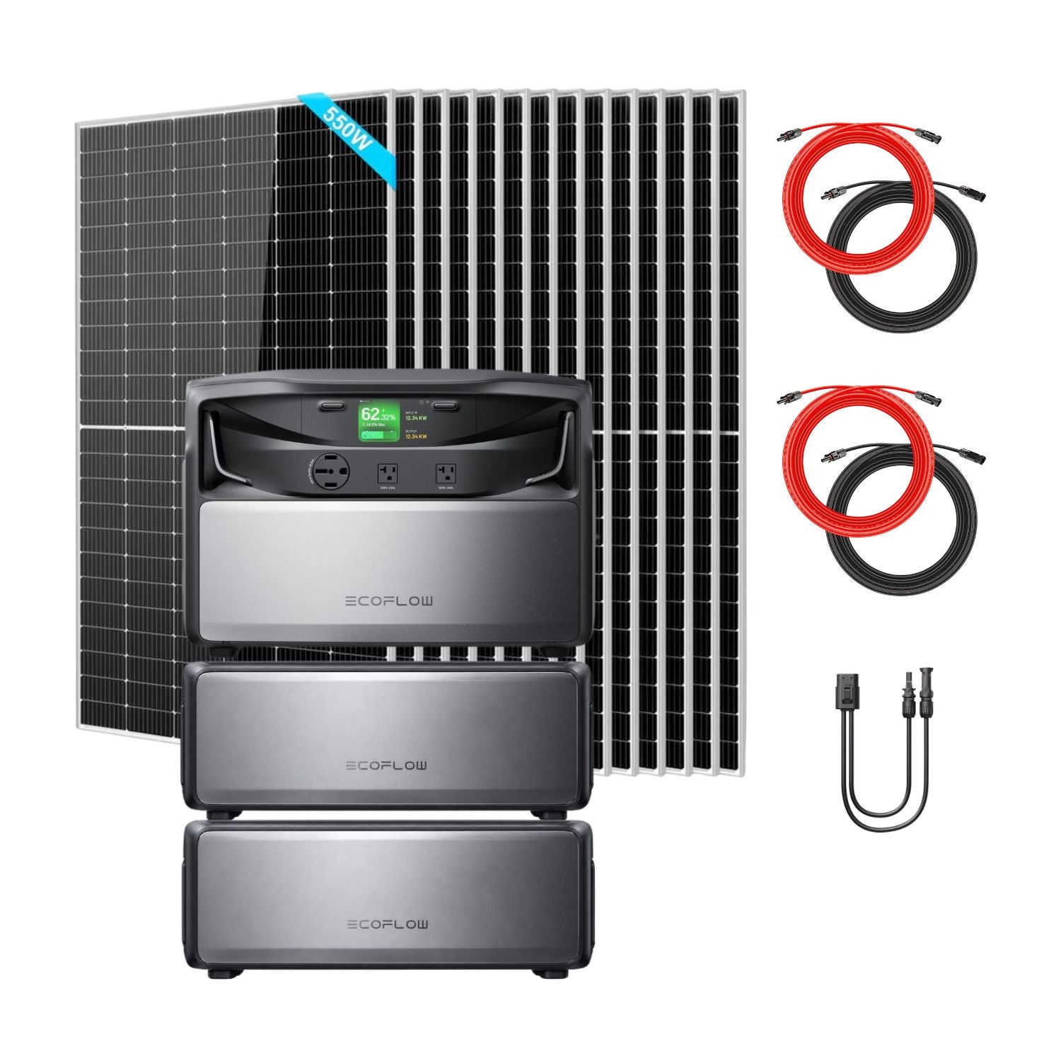 EcoFlow TITAN 5000 Plus Whole-Home Battery Backup with 3 batteries, fourteen SunGold 550W Solar Panels, two Rich Solar 50 ft Cable Sets and a second Solar To HP500 Charging Cable