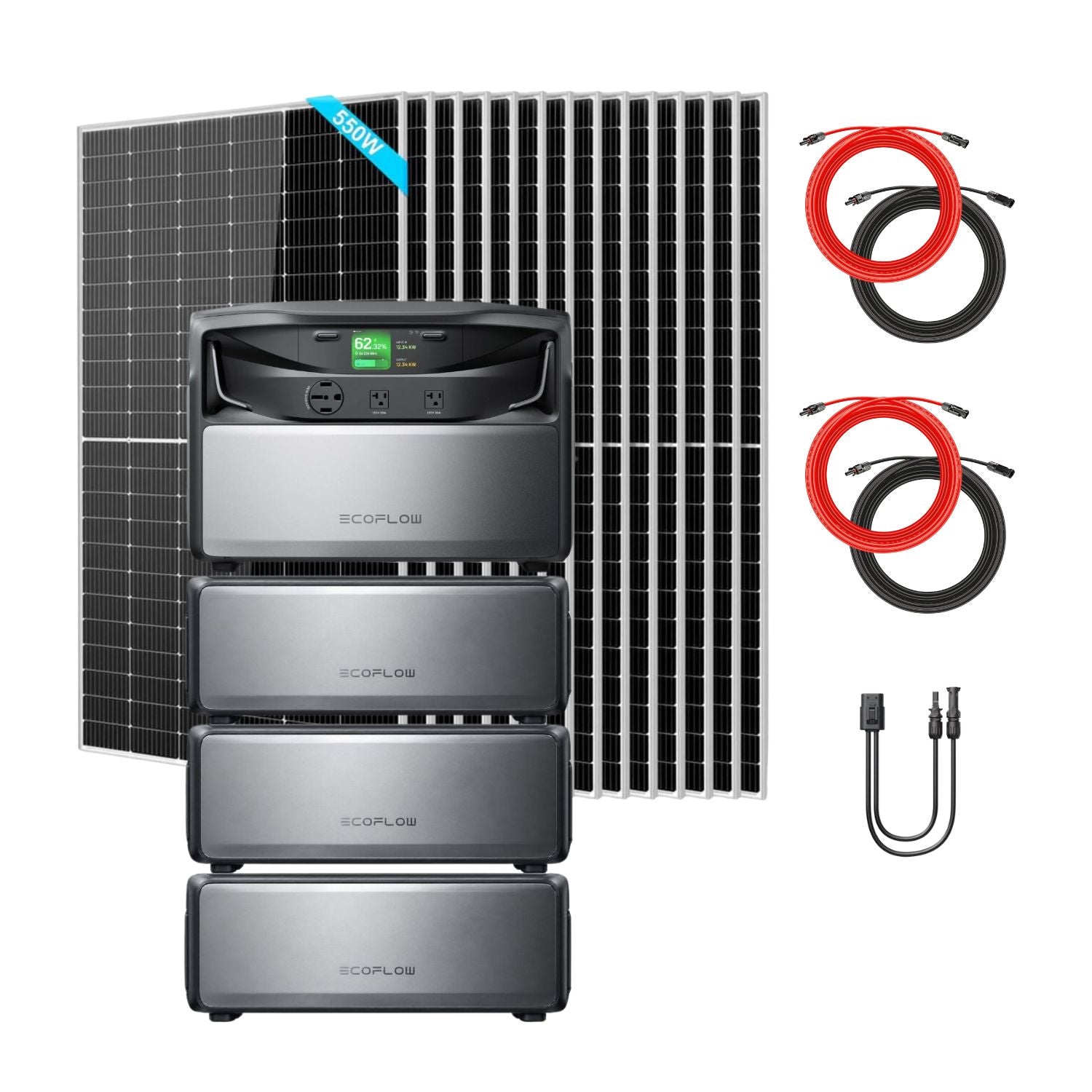 EcoFlow TITAN 5000 Plus Whole-Home Battery Backup with 4 batteries, fourteen SunGold 550W Solar Panels, two Rich Solar 50 ft Cable Sets and a second Solar To HP500 Charging Cable