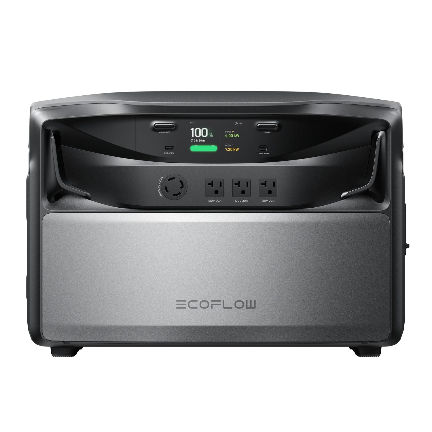 EcoFlow TITAN 5000 whole-home battery backup front view with color display, USB ports and AC outlets