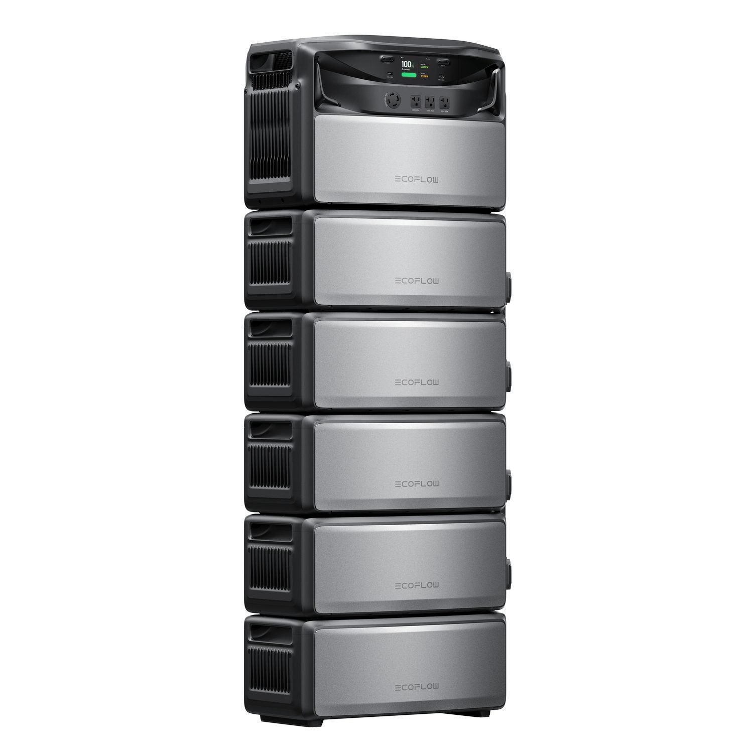 EcoFlow TITAN 5000 stacked on five TITAN Battery 5kWh expansion batteries