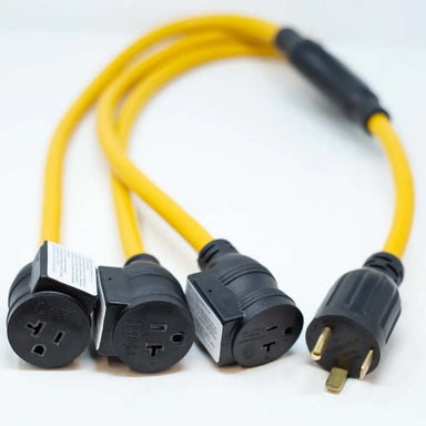 Firman 3' Heavy Duty TT-30P to (3) 5-20R Short Power Cord Showing The Three Outlets And Plug