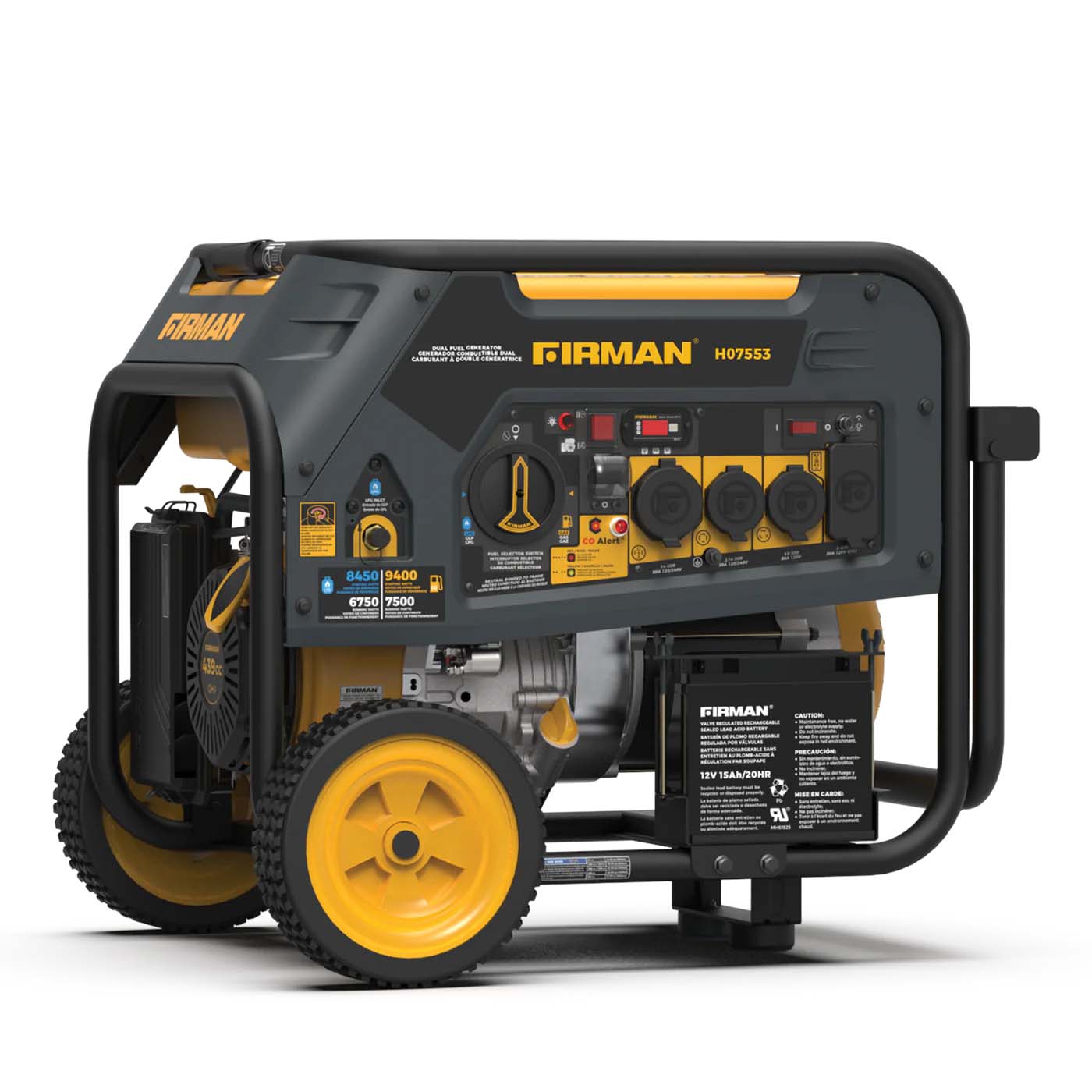 Firman H07553 Dual Fuel 7500W/9400W Portable Generator | Electric Start | 120/240V | CO Alert