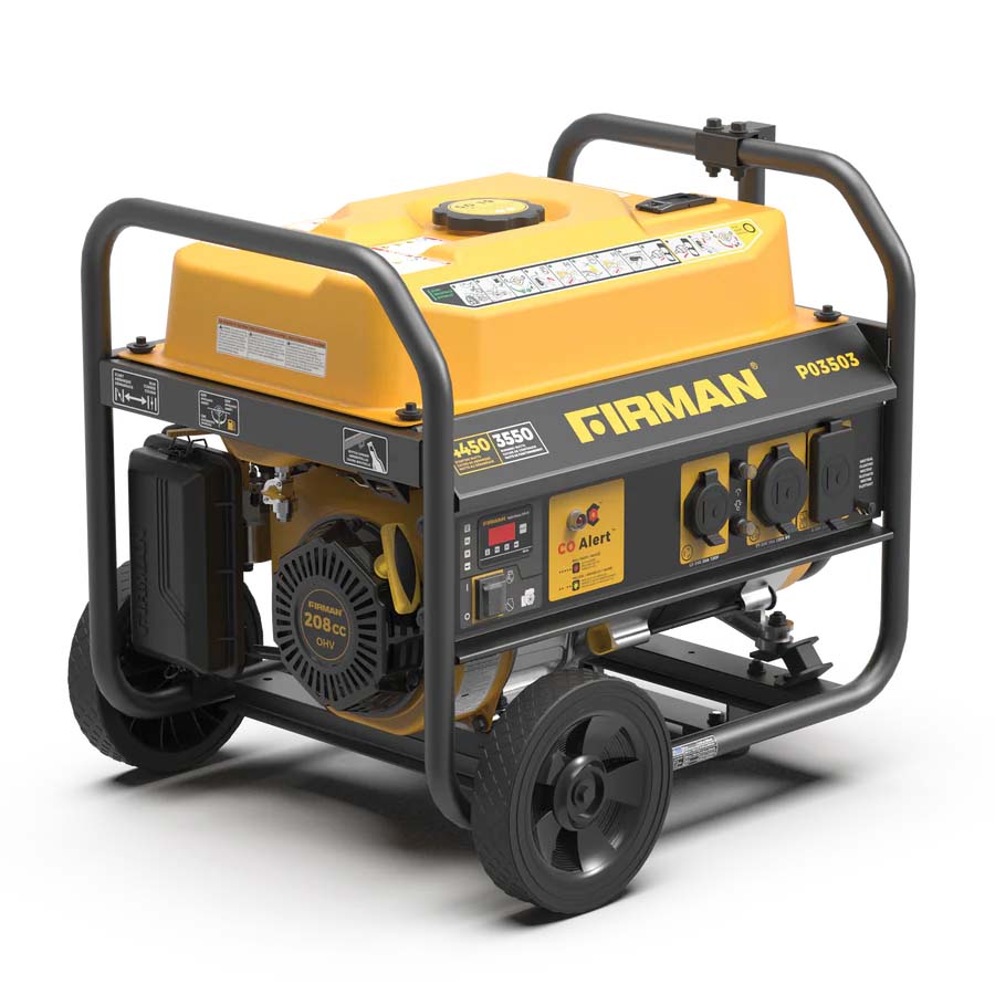 Firman P03503 Gasoline 4450W Generator Left Side View With Engine and Front View