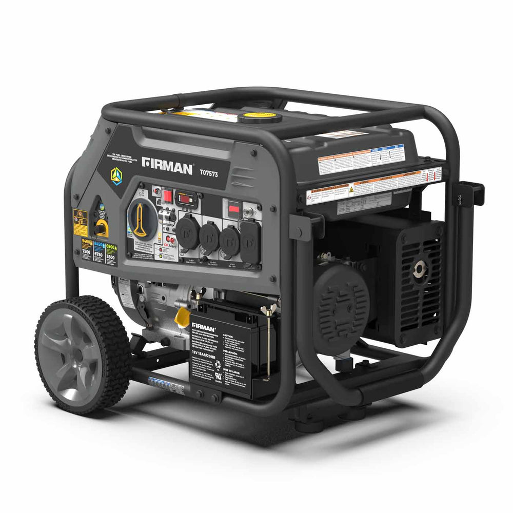 Firman T07573 Tri-Fuel 9400W Generator Front and Side View