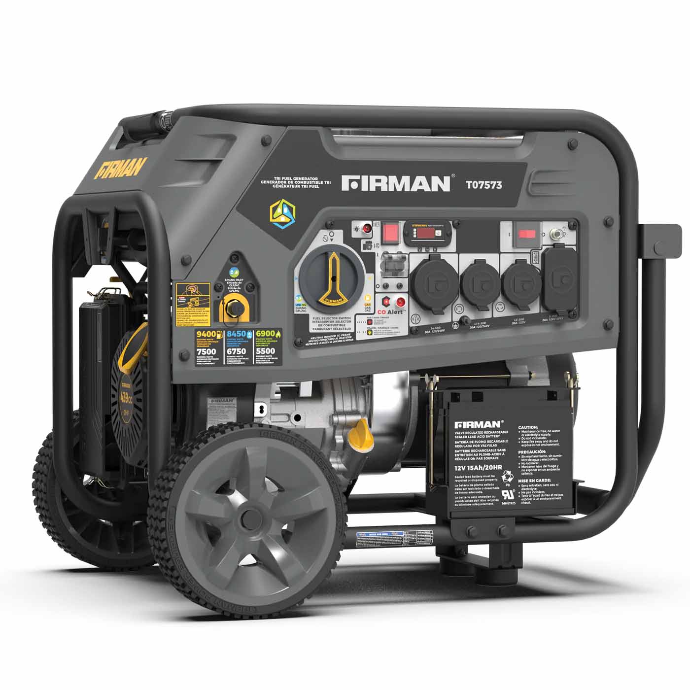 Firman T07573 Tri-Fuel 9400W Generator Front and Side View