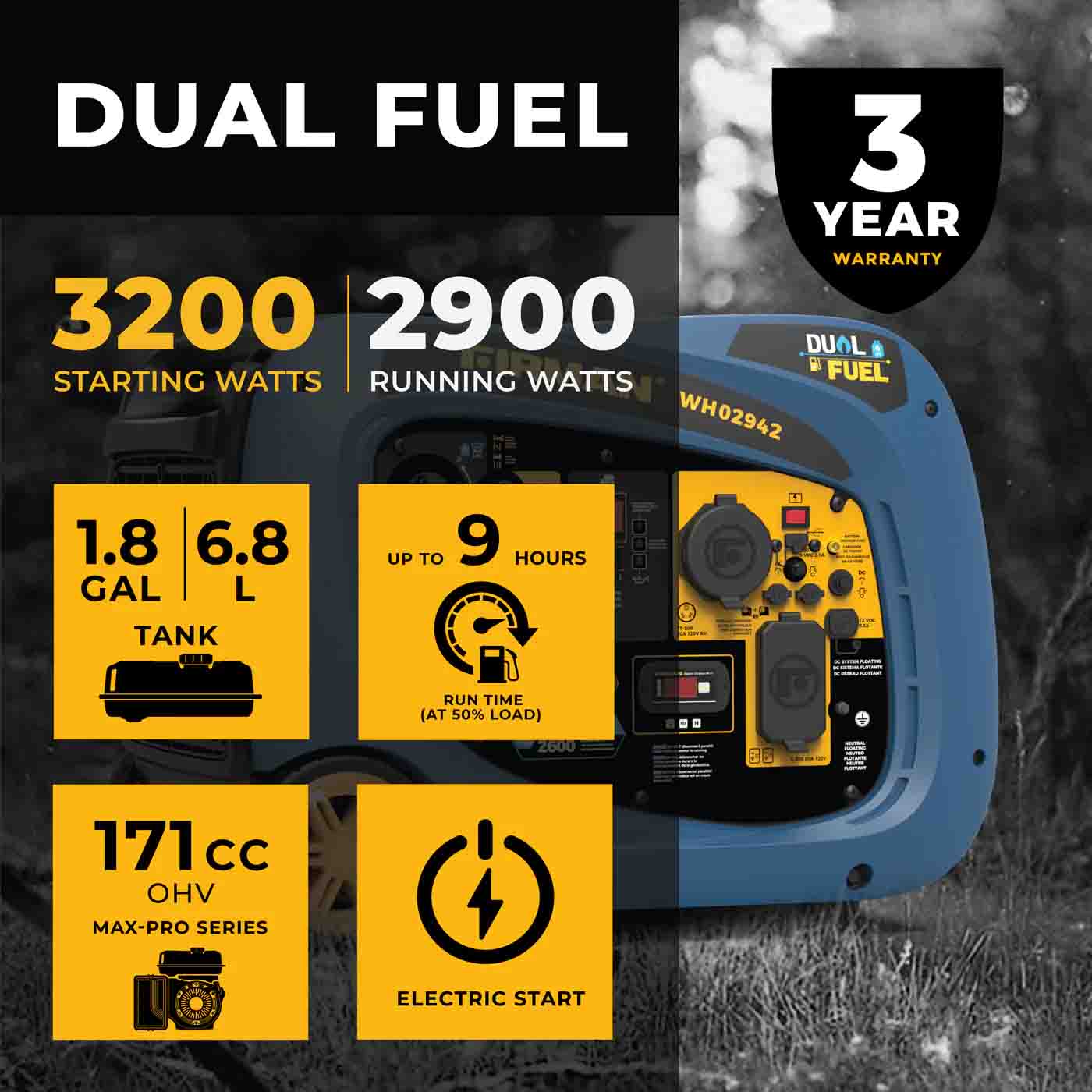 Firman WH02942 Dual Fuel 3200W Generator Features