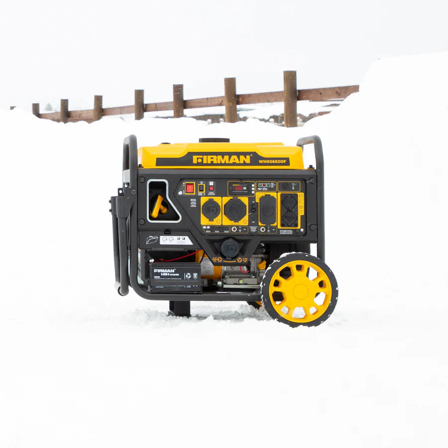 Firman WH03662OF Dual Fuel Open Frame Inverter Generator Outdoors On A Snowy Day