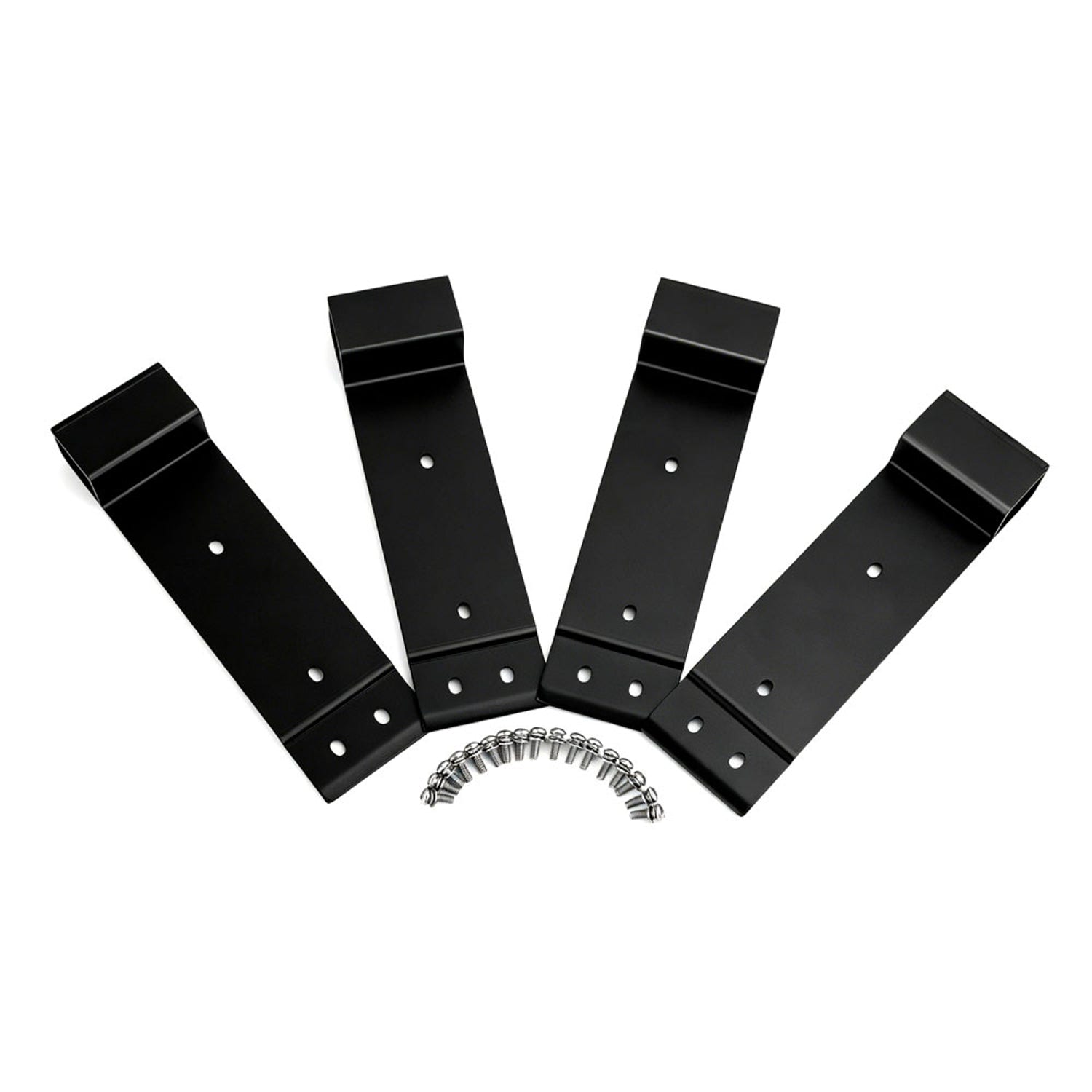 Four black CoreX 5 Pro battery brackets laid flat with mounting screws