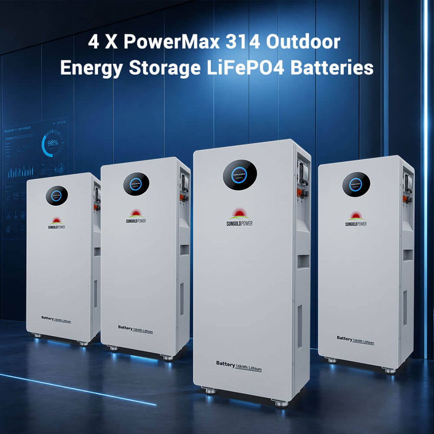 Four PowerMax 314 Outdoor energy storage LiFePO4 batteries for the FR-24K64PM kit