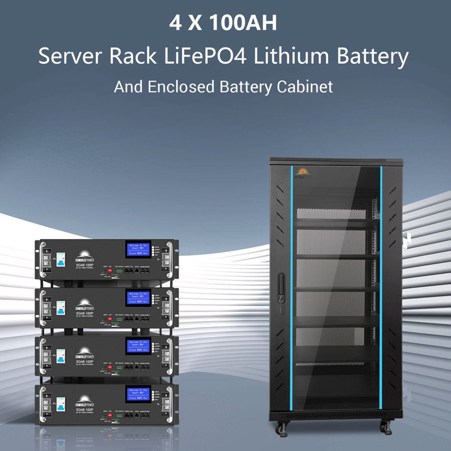 Four SG48100P 100Ah server rack LiFePO4 batteries beside the enclosed battery cabinet