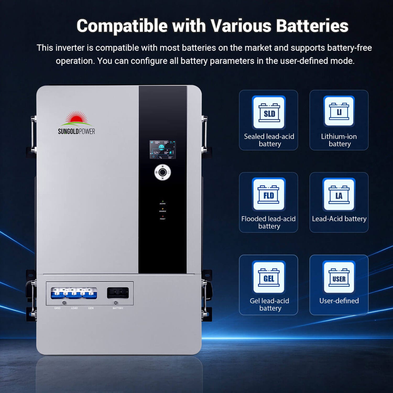 Freedom Pro 16K-48 battery compatibility with lithium-ion, sealed, flooded, gel lead-acid and user-defined types